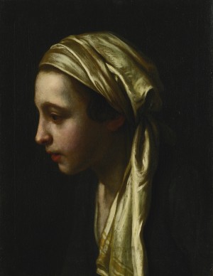 A peasant girl in profile wearing a white scarf